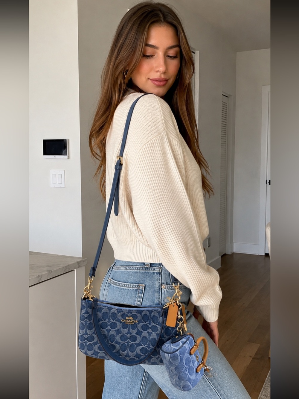 Coach Denim Signature Teri Shoulder Bag in Light Blue with Navy Trim & Charm